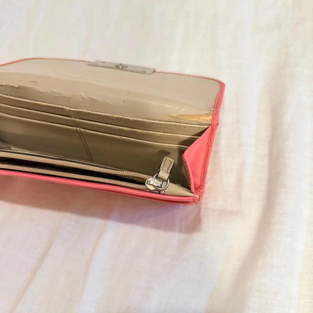 Coach Coral Pink Leather Slim Envelope Turnlock Wallet Silver Hardware